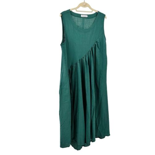 Anysize Round Neck Long Green Dress w/Pockets Linen/Cotton Minimalist Maxi Boho - Picture 3 of 8
