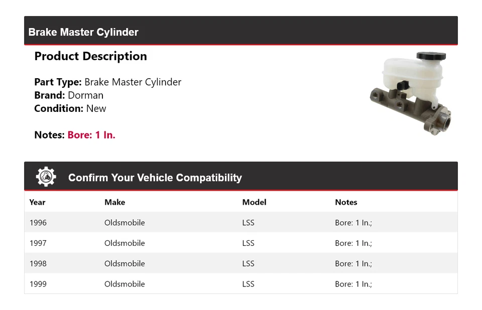Cilindro maestro de freno Oldsmobile LSS Dorman 1996-1999 1997 1998 Foto 2 de 4