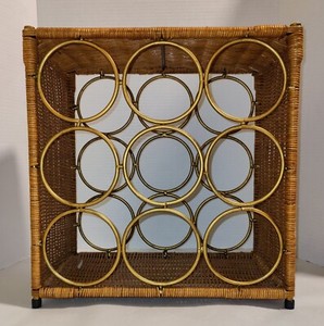 Wicker Boho Rack Metal Holder 9 Wine Bottles Tabletop Counter French Cottage