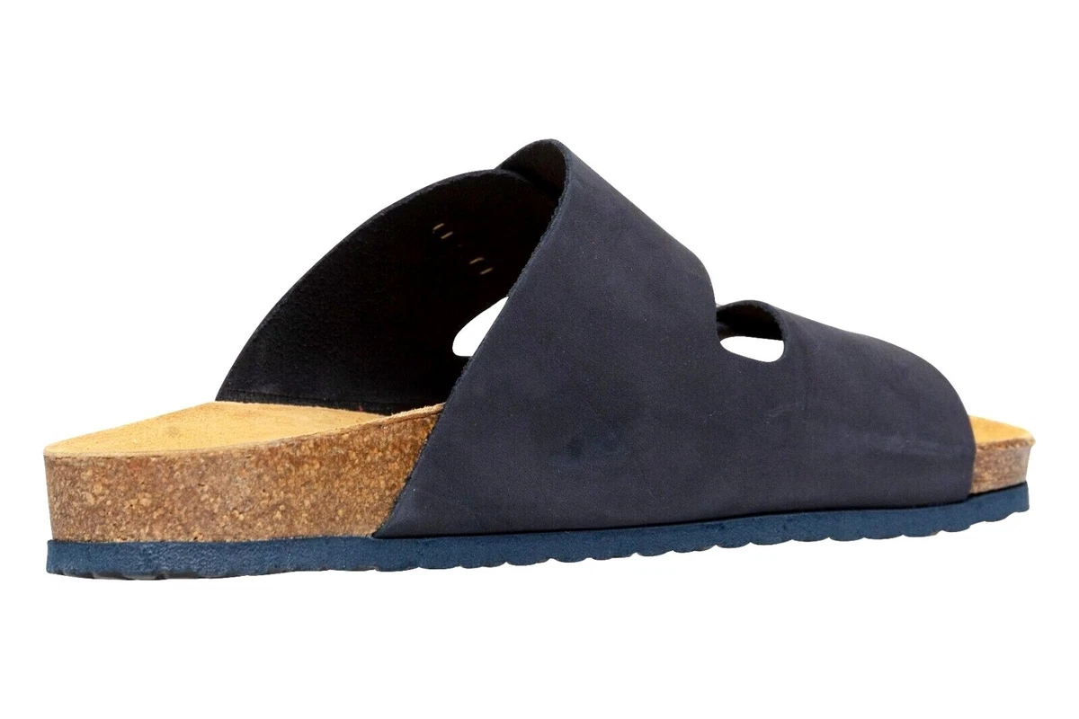 Echtleder Herren Pantoletten Blau Leder Sandalen Korksohle Fußbett Hausschuhe