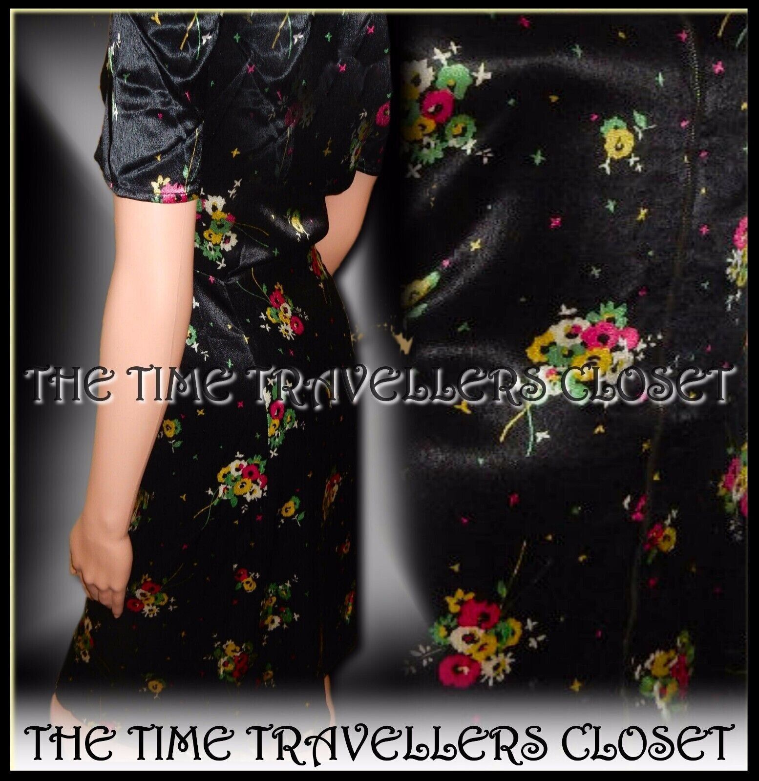 Kate Moss Topshop Black Silky Floral Zip 1940s 1950s Vintage Tea Dress ...