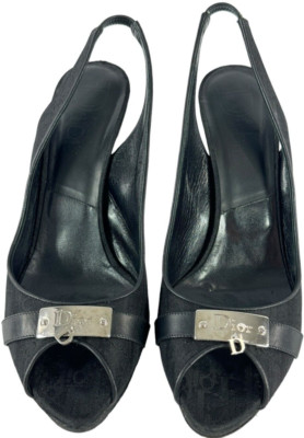 DIOR Black Monogram Canvas Open Peep Toe Logo Plaque Heels