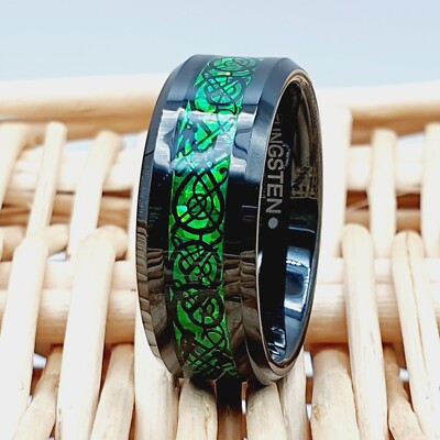 Green Wedding Band Black Tungsten Ring Mens Celtic Dragon Ring Personalized Ring