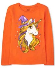 NWT The Childrens Place Unicorn Girls Long Sleeve Orange Halloween Shirt