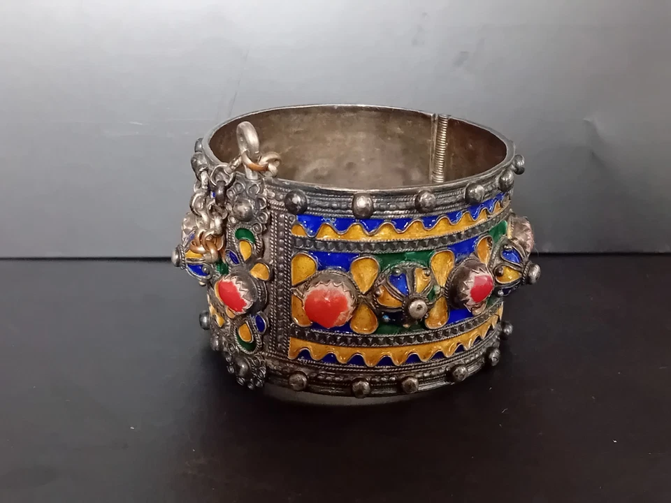 Bracelet berbère kabyle éthnique émaillé argent massif 19ème ethnic solid silver - Photo 2/4