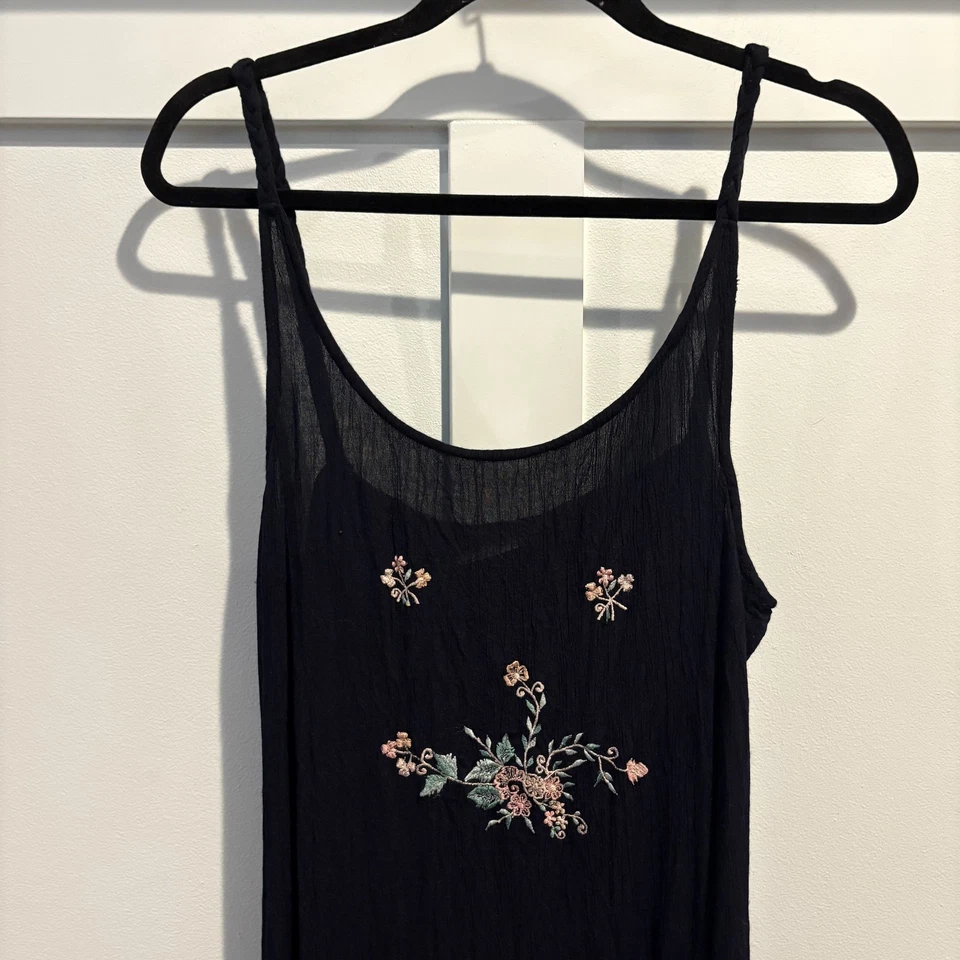 Vestido Magic Mujer Talla Libre Negro Floral Bordado Maxi Boho India Arrugado Foto 3 de 4