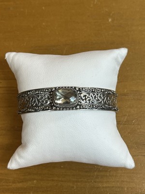 Sarda Green Stone Ornate Filagree Cuff Bracelet Sterling Silver