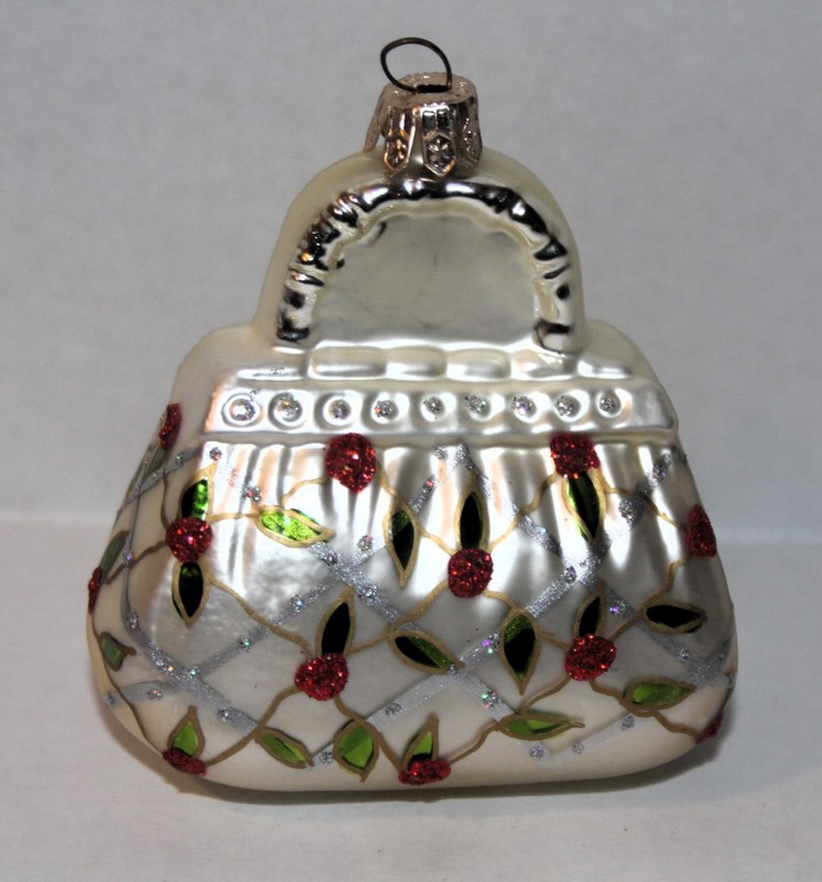 NORDSTROM AT HOME Blown Glass HANDBAG PURSE Glitter Rose ORNAMENT Made in Poland