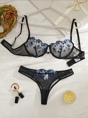 Damen Unterwäsche Set / Schwarz-Blau / Spitze - BH & Slip - Neu - Größe S