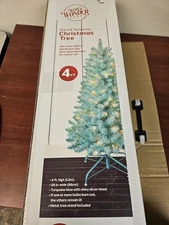 4FT Lighted Christmas Tree Small with 100 Lights  Turquoise/Blue w/Silver Tinsel