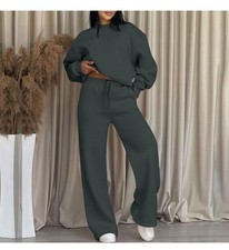 Womens 2Pcs Small Outfit Sweatsuit Long Sleeve Wide Leg Pants NEW Dark Gray