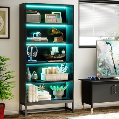 Wooden Black Bookshelf with LED Lights, 5-Tier Modern Bookcase Display Shelf
