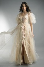Embroidered Tulle Flutter Sleeve Gown