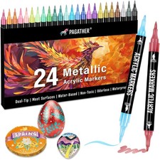 24 Metallic Colors Acrylic Paint Markers, Dual Tip with Fine Tip and Brush Tip