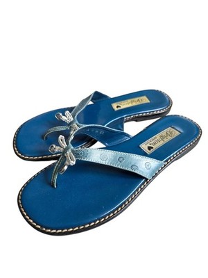 Brighton Ofelia Blue Metallic Leather Thong Sandals 8
