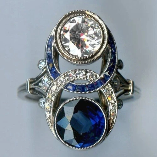 Art Deco Round Lab Created Diamond Halo Sapphire Engagement 925 Silver Rings