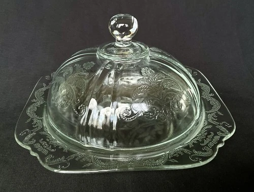 Vintage Federal Depression Glass Madrid Covered Butter Dish Clear Green Tint