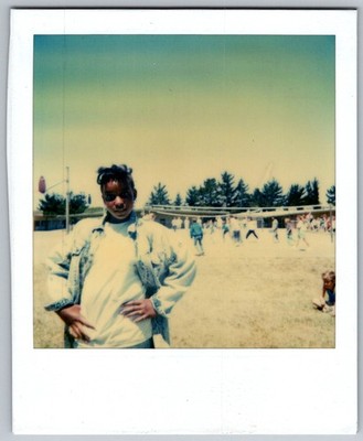 Vtg Polaroid Snapshot Photo Black Woman In Denim Jacket Hands On Hips 1980s