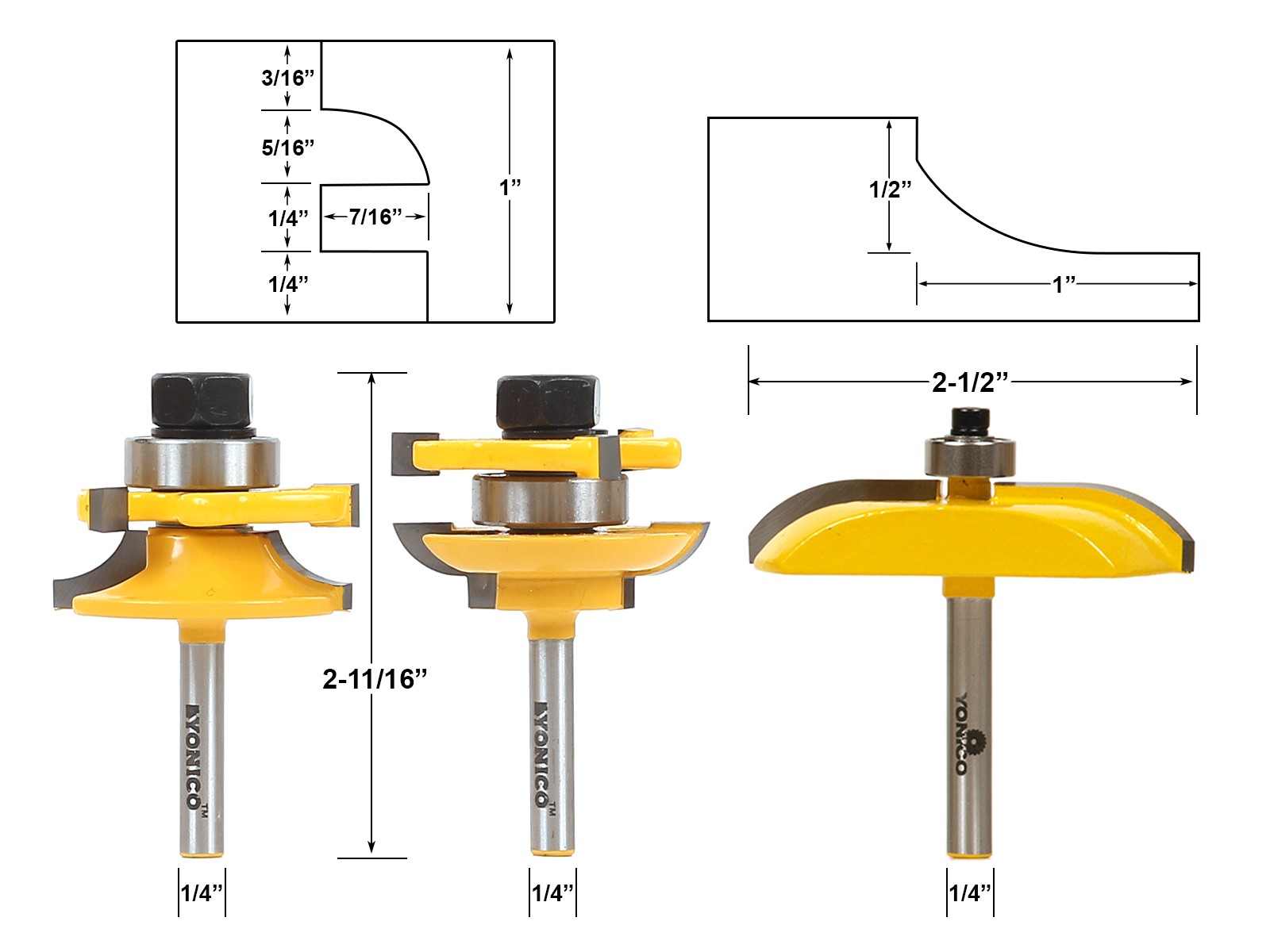 Round Over 3 Bit Cabinet Door Router Bit Set - 1/4" Shank - Yonico 12339q