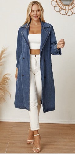JW Signature Long Denim Jean Trench Jacket VTG Double Breasted Pockets Sz Large - Picture 9 of 9