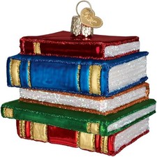 Old World Christmas Glass Blown Ornament, Stack of Books With OWC Gift Box 