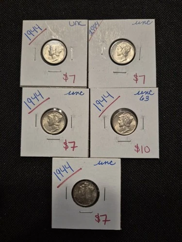 5 Immaculate Uncirculated 1944 Silver Mercury Dimes Coin Collection