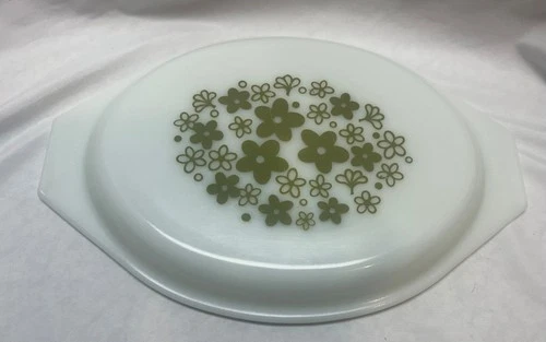 Vtg Pyrex Spring Blossom Green Crazy Daisy Milk Glass Casserole Dish Lid Only