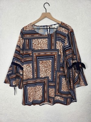 Suzanne Betro Weekend Tunic Blouse XL Brown Patchwork Bell Sleeve Bow Boho Top