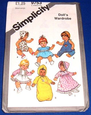 SIMPLICITY PATTERN 9753 PUPPENSCHRANK UNGESCHNITTEN GROSS 17 BIS 18 ZOLL PUPPE DOLL