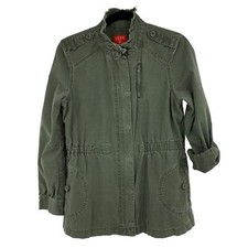 Womens Elle Military Jacket Sz M Cotton Roll Tab Sleeves Elastic Waist 1952
