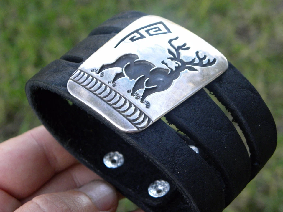 Pulsera brazalete de cuero vintage de ciervo de plata esterlina de bisonte búfalo personalizar tamaño  Foto 4 de 4