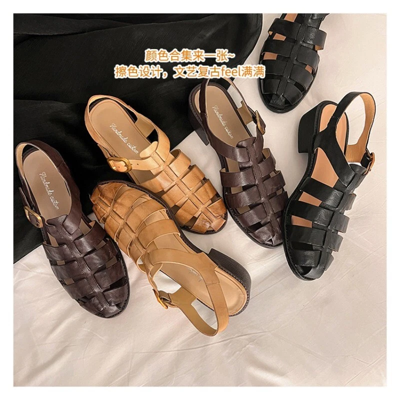 Roman Summer Womens Sandals Leather Hollow Out 4CM Heels Buckle Casual Sandals - Image 2 of 4