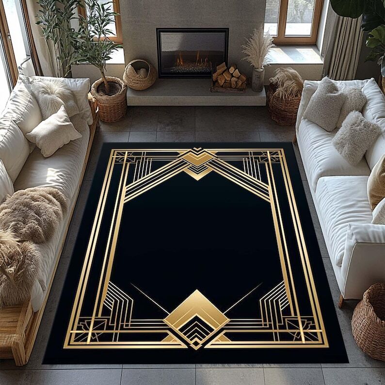 Alfombra Art Deco, Alfombra a Rayas Doradas Negras, Alfombra Forrada en Oro, Alfombra con Forma Geométrica, Modo
