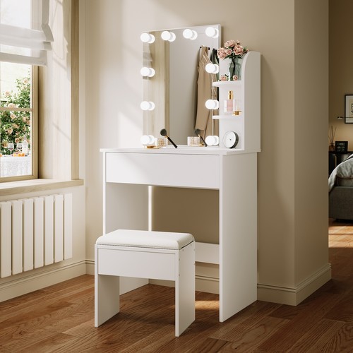 LED Dressing Table White Mirror Vanity Makeup Desk with Stool Drawer & Shelves - Picture 2 of 13
