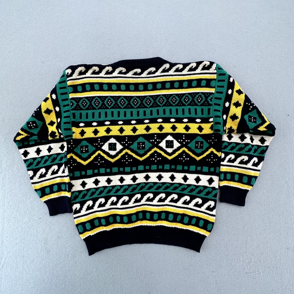 Suéter grueso vintage años 80 para mujer tejido medio patrón geométrico azul verde Foto 2 de 4