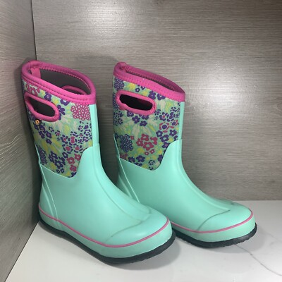 Bogs Insulated Pull On Waterproof Green Floral Girls Rain  Boots Youth Size 5