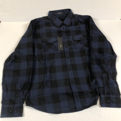 New MCEDAR Men s Plaid Dark Blue Black Button Up Size Medium Long Sleeve