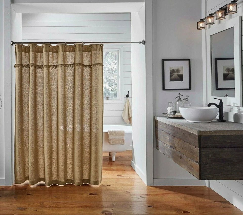 Cortina de Ducha Rústica Primitiva 100% Algodón Natural Arpillera con Flecos Country Foto 4 de 4