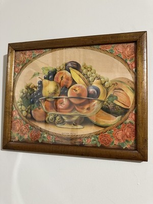 Southern Fruits Lithograph Print Fruit Bowl Roses Moody Colors Wood Frame