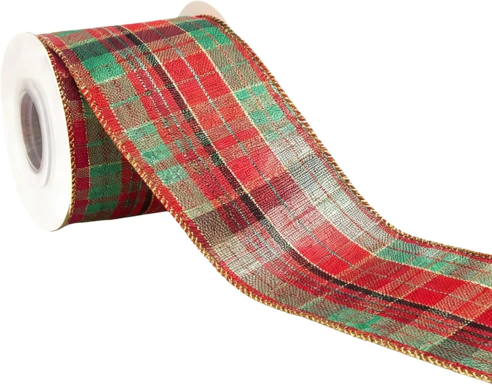 Christmas Red & Green Buffalo Plaid Ribbon – 2.5″ x 10 Yards, Wired Edge Tartan - Image 3 of 4