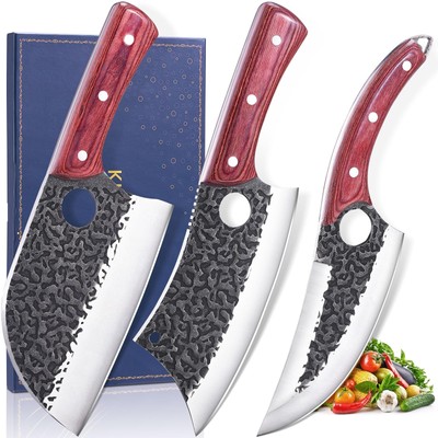 Butcher Set, 3PCS Hand Forged Meat Cleaver, Sharp Serbian Chef & Kitchen & Vi...