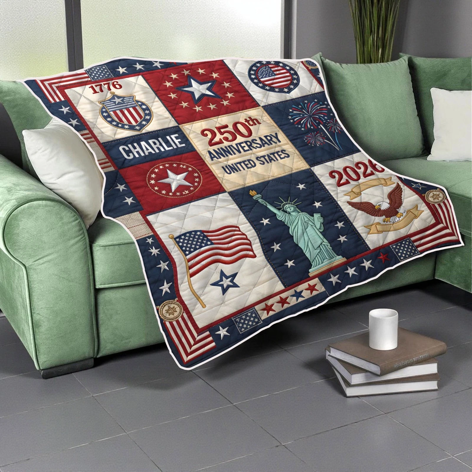 United States 250th Anniversary Quilt 1776–2026 Patriotic Gift Blanket Name USA