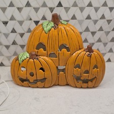Vtg Ceramic Light -Up Jack-O-Lantern Pumpkin Trio Double sided display w/Base