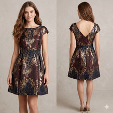 Vince Camuto Metallic Jacquard Fit & Flare Dress pleated skirt ,pockets Size 0