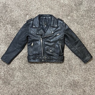 Vtg Cowhide Black Leather Motorcycle Jacket Size 36 Punk Biker 90s Belted Zipper