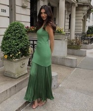 ZARA WOMAN SS25 GREEN PLEATED KNIT COMBINATION DRESS SIZES S 4192/055/500