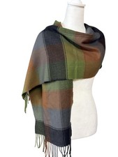 100 Cashmere Scarf Womens One Size Multicolor Plaid Fringe Made In Germany