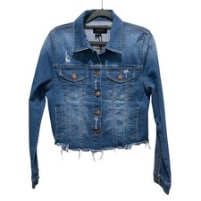 Risen Distressed Denim Jacket Button Up Medium Wash Blue Women s Size Small
