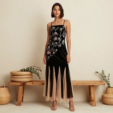 Evening Glam Maxi Dress Black Pink Floral Silk Flared Zip Pockets Sequins US 6