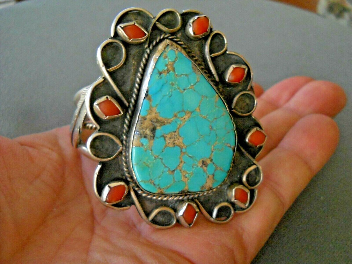 Magnificent Vintage Navajo Native American Jewelry jewelry Domed Coral Turquoise Sterling Silver Bracelet Old Magnificent Vintage Navajo Native American Jewelry jewelry Domed Coral Turquoise Sterling Silver Bracelet Old